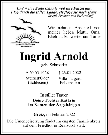 Traueranzeige von Ingrid Arnold von Ostthüringer Zeitung