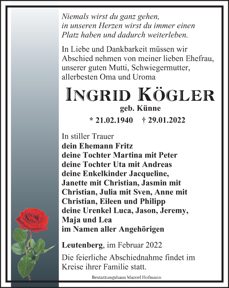  Traueranzeige für Ingrid Kögler vom 05.02.2022 aus Ostthüringer Zeitung