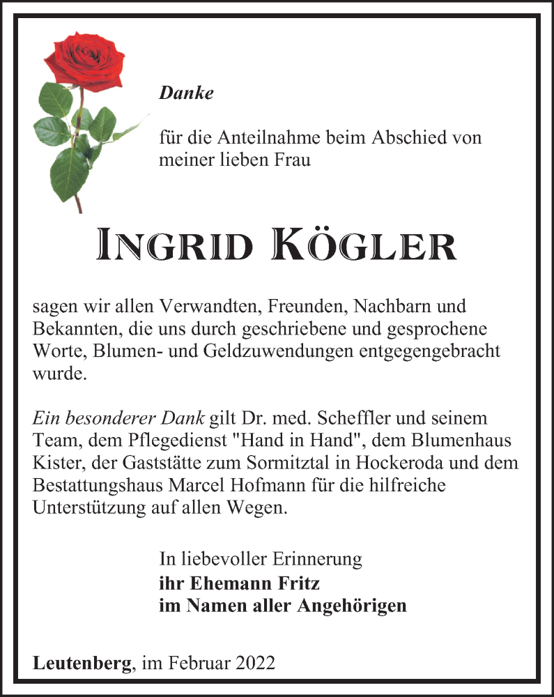  Traueranzeige für Ingrid Kögler vom 26.02.2022 aus Ostthüringer Zeitung