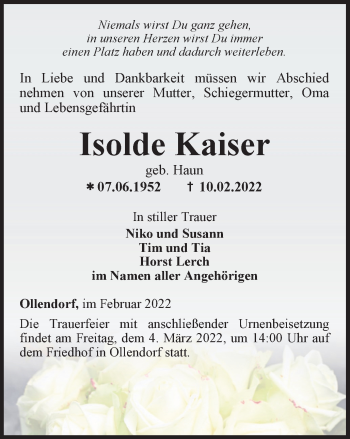 Traueranzeige von Isolde Kaiser von Thüringer Allgemeine, Thüringische Landeszeitung
