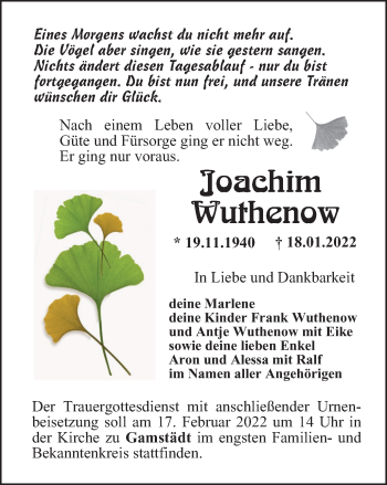 Traueranzeige von Joachim Wuthenow von Thüringer Allgemeine, Thüringische Landeszeitung