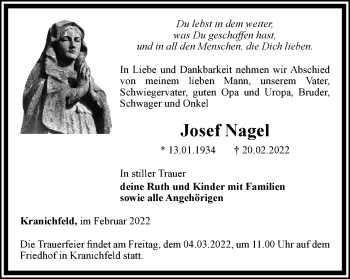 Traueranzeige von Josef Nagel von Thüringer Allgemeine, Thüringische Landeszeitung