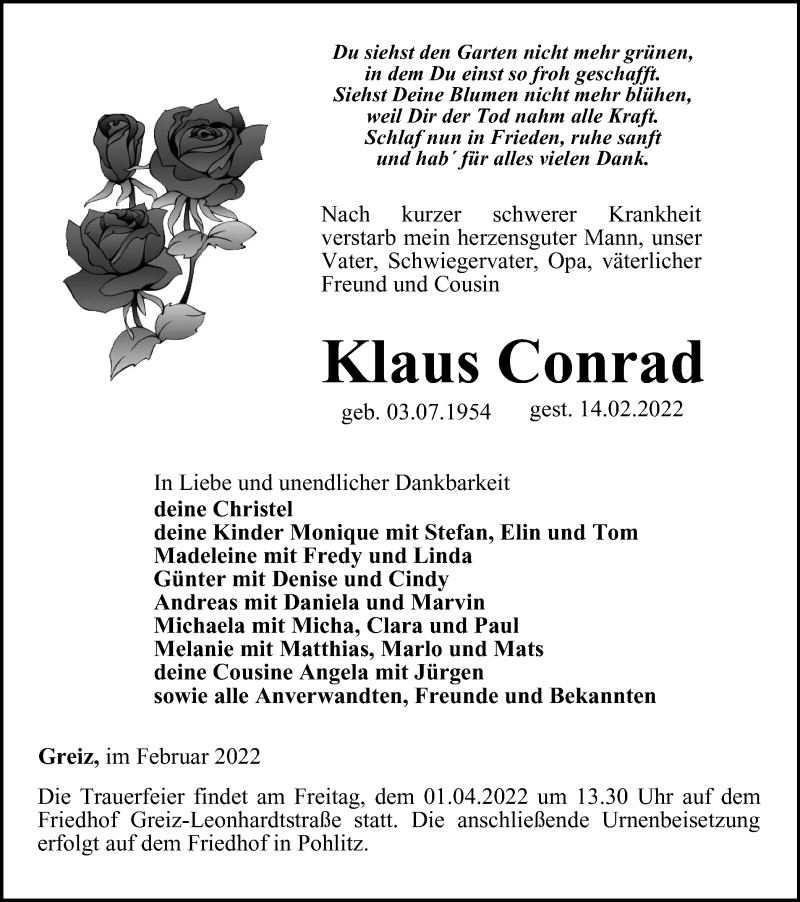  Traueranzeige für Klaus Conrad vom 18.02.2022 aus Ostthüringer Zeitung
