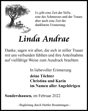 Traueranzeige von Linda Andrae von Thüringer Allgemeine