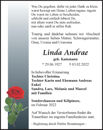 Traueranzeige von Linda Andrae von Thüringer Allgemeine