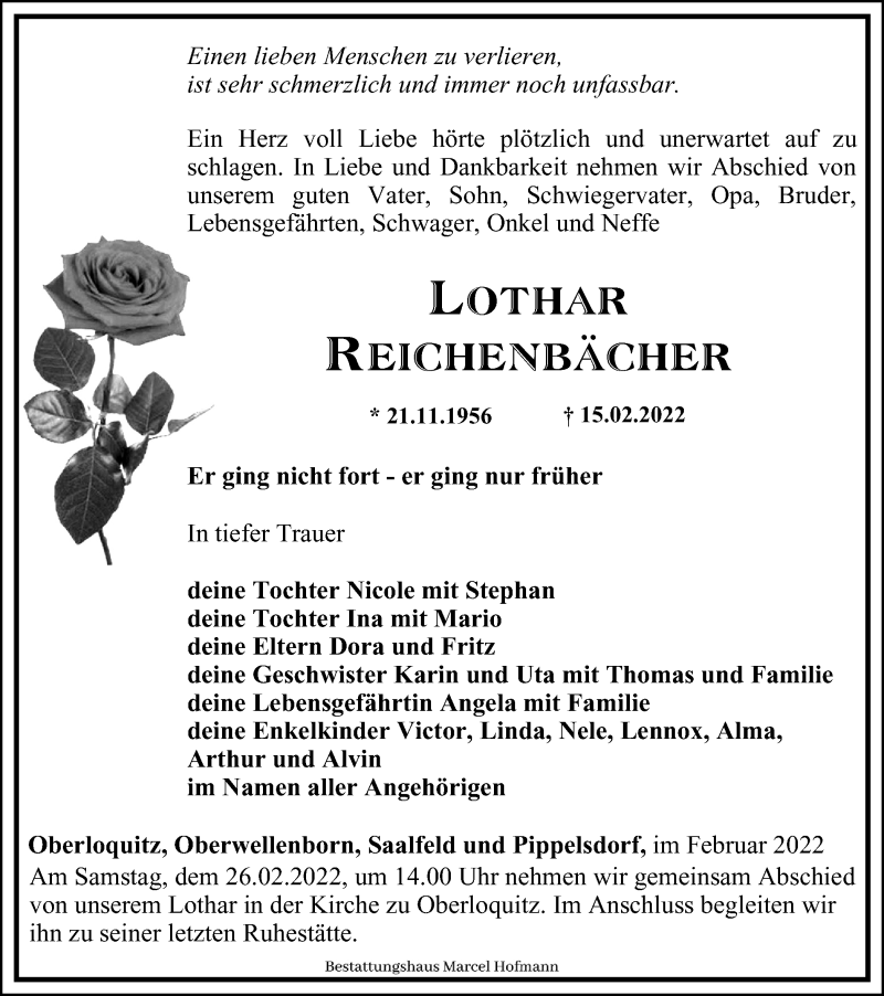  Traueranzeige für Lothar Reichenbächer vom 19.02.2022 aus Ostthüringer Zeitung