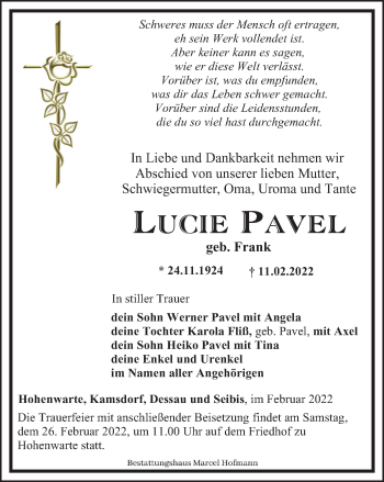 Traueranzeige von Lucie Pavel von Ostthüringer Zeitung