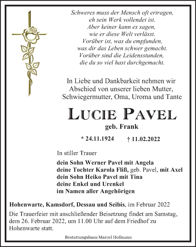  Traueranzeige für Lucie Pavel vom 19.02.2022 aus Ostthüringer Zeitung
