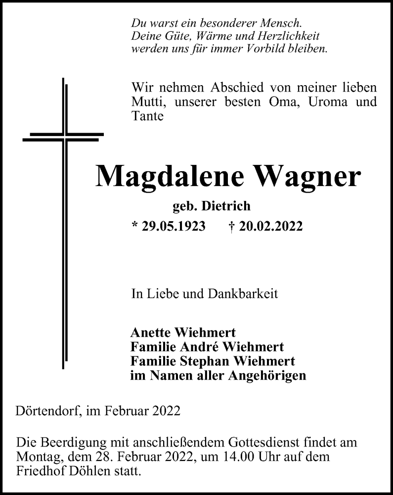 Traueranzeige für Magdalene Wagner vom 24.02.2022 aus Ostthüringer Zeitung