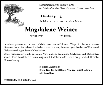 Traueranzeige von Magdalene Weiner von Ostthüringer Zeitung