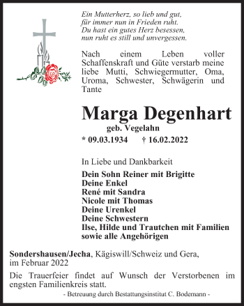 Traueranzeige von Marga Degenhart