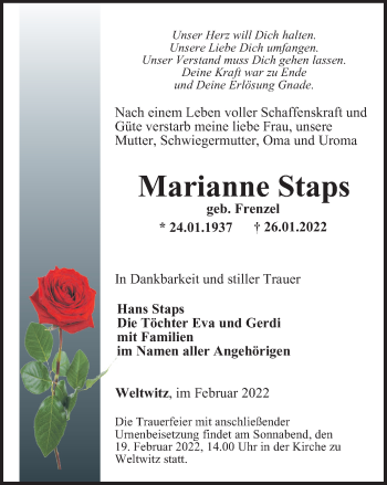 Traueranzeige von Marianne Staps