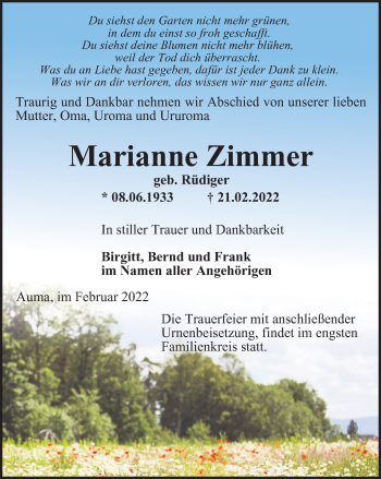 Traueranzeige von Marianne Zimmer