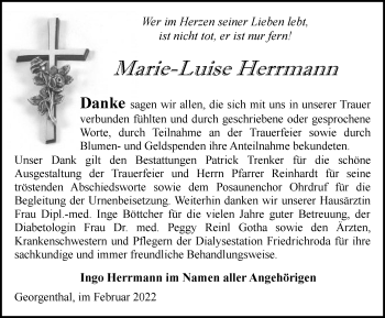 Traueranzeige von Marie-Luise Herrmann von Thüringer Allgemeine, Thüringische Landeszeitung