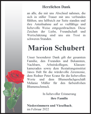 Traueranzeige von Marion Schubert von Thüringer Allgemeine, Thüringische Landeszeitung