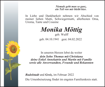 Traueranzeige von Monika Möttig von Ostthüringer Zeitung