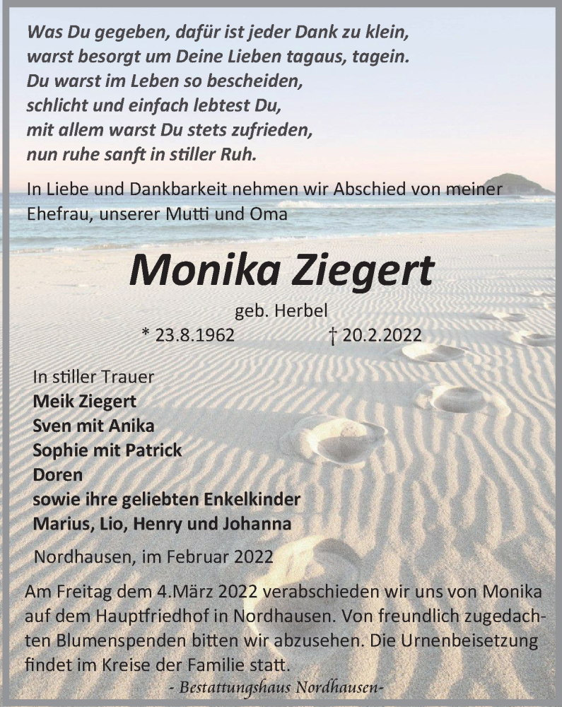  Traueranzeige für Monika Ziegert vom 26.02.2022 aus Thüringer Allgemeine