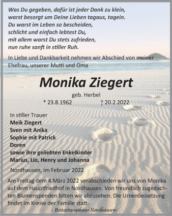 Traueranzeige von Monika Ziegert von Thüringer Allgemeine