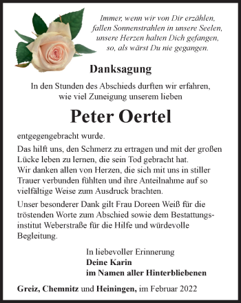 Traueranzeige von Peter Oertel von Ostthüringer Zeitung