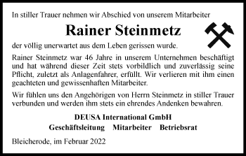 Traueranzeige von Rainer Steinmetz von Thüringer Allgemeine