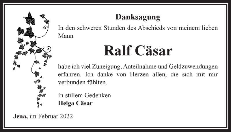 Traueranzeige für Ralf Cäsar vom 09.02.2022 aus Ostthüringer Zeitung, Thüringische Landeszeitung
