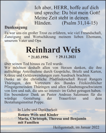 Traueranzeige von Reinhard Weis von Thüringer Allgemeine