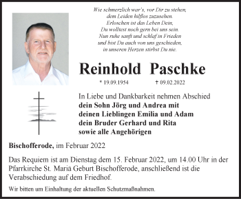 Traueranzeige von Reinhold Paschke von Thüringer Allgemeine