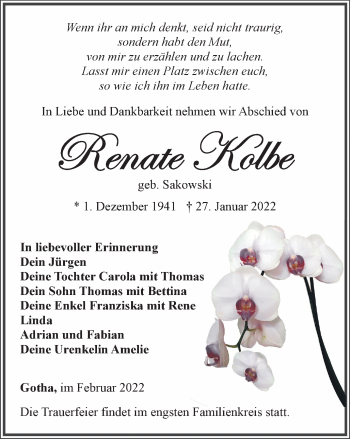 Traueranzeige von Renate Kolbe