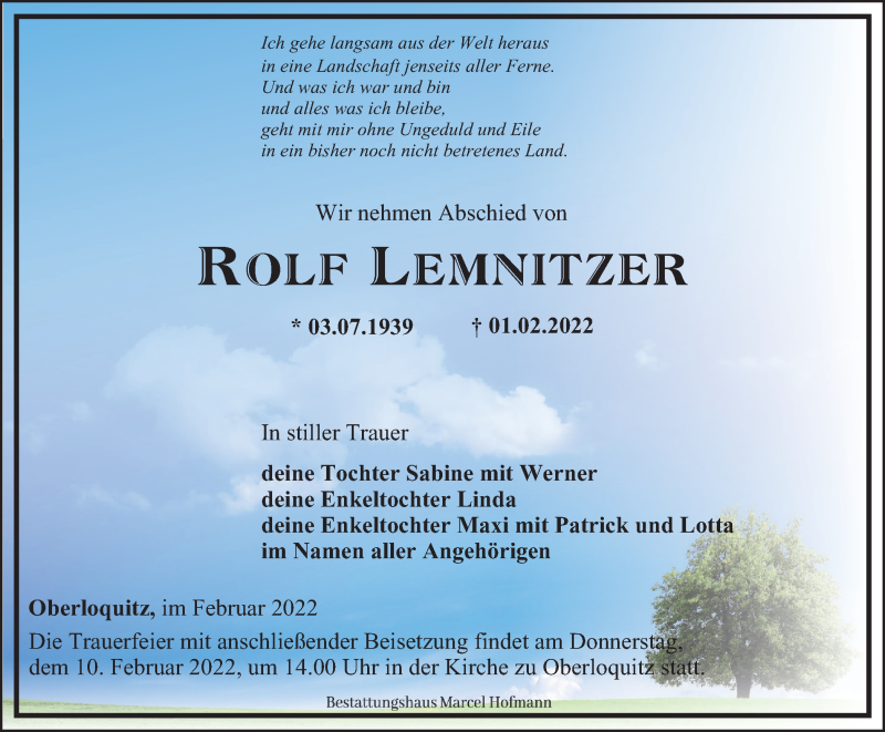  Traueranzeige für Rolf Lemnitzer vom 05.02.2022 aus Ostthüringer Zeitung