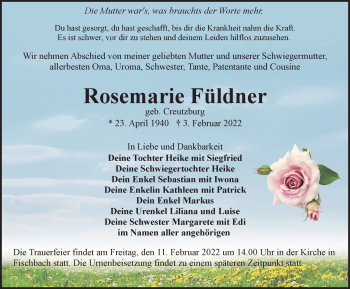 Traueranzeige von Rosemarie Füldner