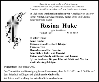 Traueranzeige von Rosina Huke von Thüringer Allgemeine