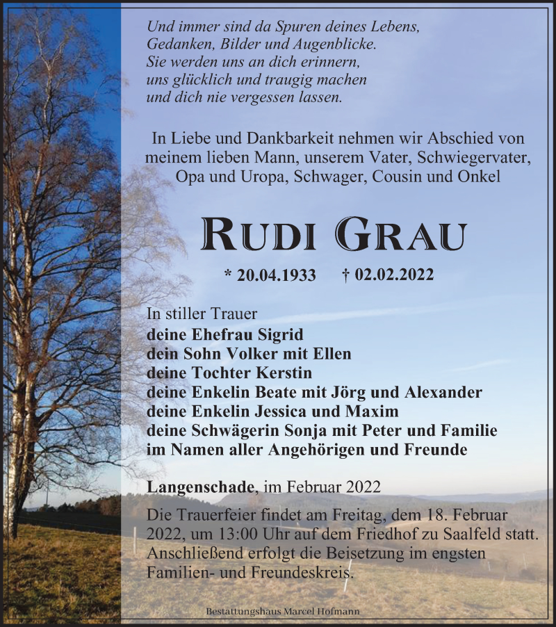  Traueranzeige für Rudi Grau vom 12.02.2022 aus Ostthüringer Zeitung