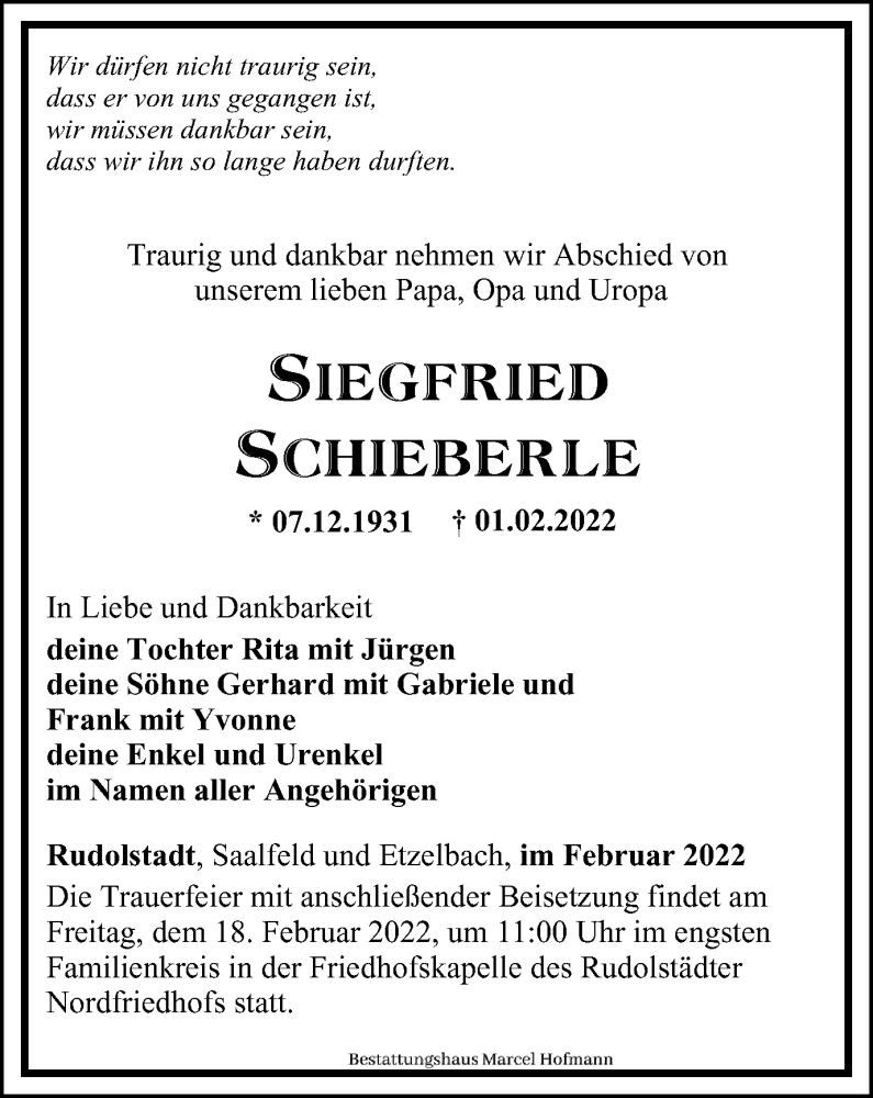 Traueranzeige für Siegfried Schieberle vom 15.02.2022 aus Ostthüringer Zeitung