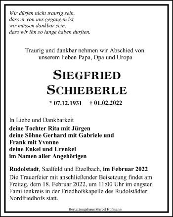 Traueranzeige von Siegfried Schieberle von Ostthüringer Zeitung