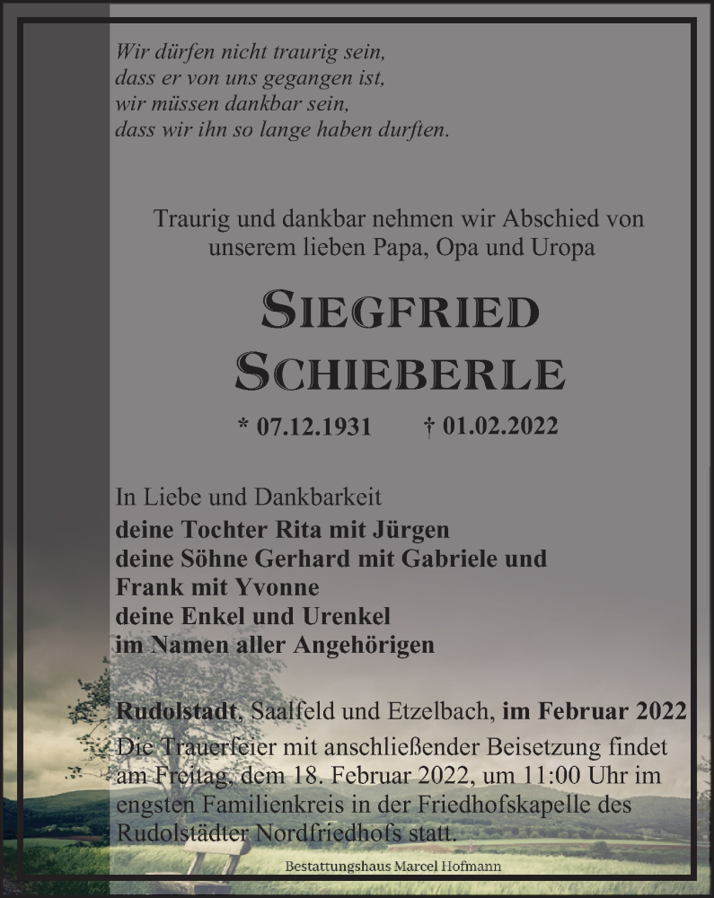  Traueranzeige für Siegfried Schieberle vom 12.02.2022 aus Ostthüringer Zeitung