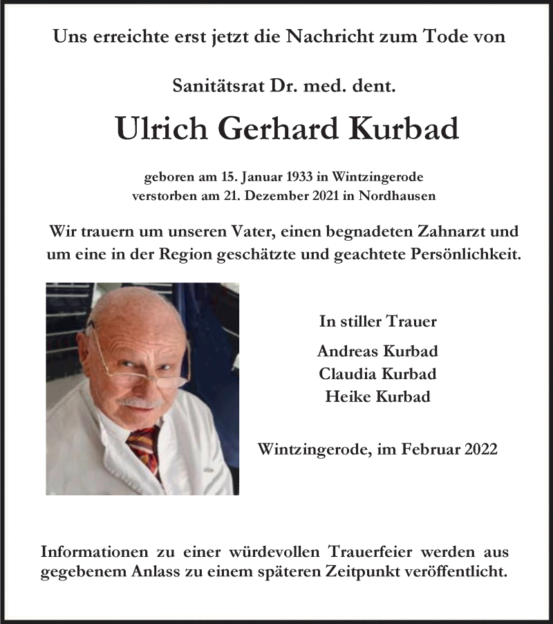  Traueranzeige für Ulrich Gerhard Kurbad vom 12.02.2022 aus Thüringer Allgemeine