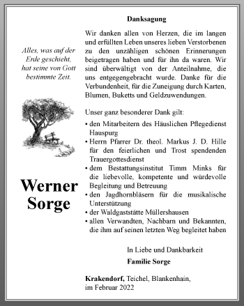 Traueranzeige von Werner Sorge