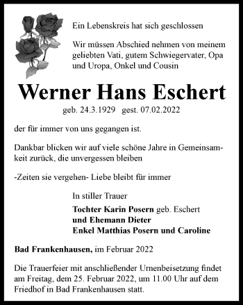 Traueranzeige von Werner Hans Eschert von Thüringer Allgemeine
