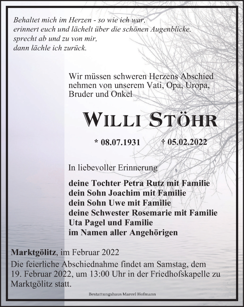  Traueranzeige für Willi Stöhr vom 12.02.2022 aus Ostthüringer Zeitung