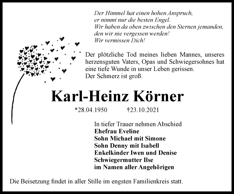 Traueranzeige für Karl-Heinz Körner vom 06.10.2021 aus Thüringer Allgemeine, Thüringische Landeszeitung