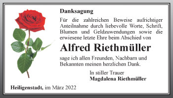 Traueranzeige von Alfred Riethmüller von Thüringer Allgemeine
