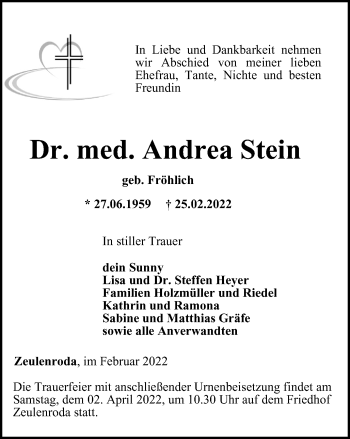 Traueranzeige von Andrea Stein von Ostthüringer Zeitung