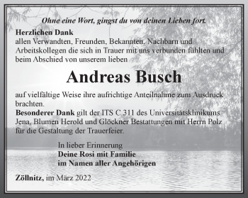 Traueranzeige von Andreas Busch von Ostthüringer Zeitung, Thüringische Landeszeitung