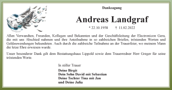 Traueranzeige von Andreas Landgraf von Ostthüringer Zeitung