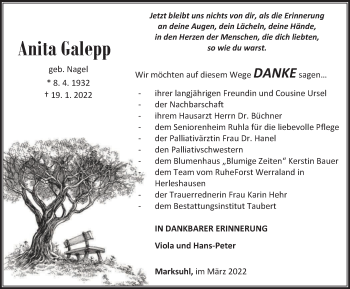 Traueranzeige von Anita Galepp von Thüringer Allgemeine, Thüringische Landeszeitung