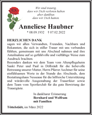 Traueranzeige von Anneliese Haubner von Thüringer Allgemeine, Thüringische Landeszeitung