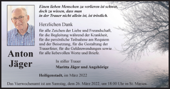 Traueranzeige von Anton Jäger von Thüringer Allgemeine