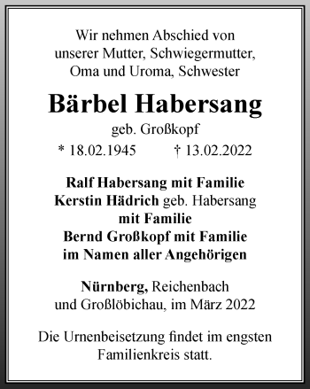 Traueranzeige von Bärbel Habersang von Ostthüringer Zeitung