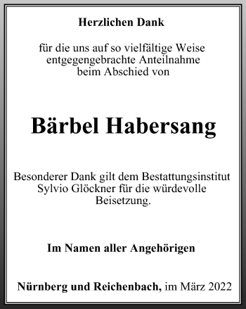 Traueranzeige von Bärbel Habersang von Ostthüringer Zeitung