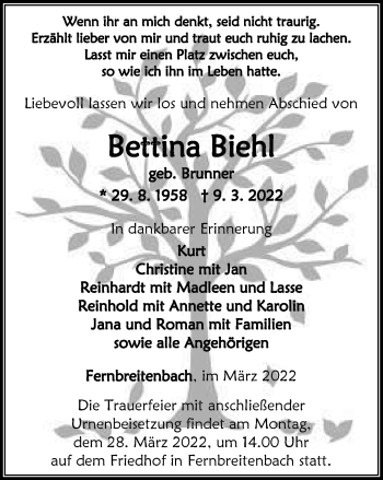 Traueranzeige von Bettina Biehl von Thüringer Allgemeine, Thüringische Landeszeitung